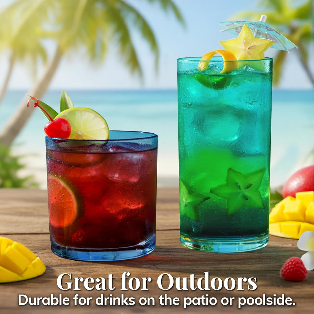 Classic Plastic Reusable Drinking Glasses (Set of 8) 12oz Rocks & 16oz Water Cups in Coastal Colors | BPA-Free