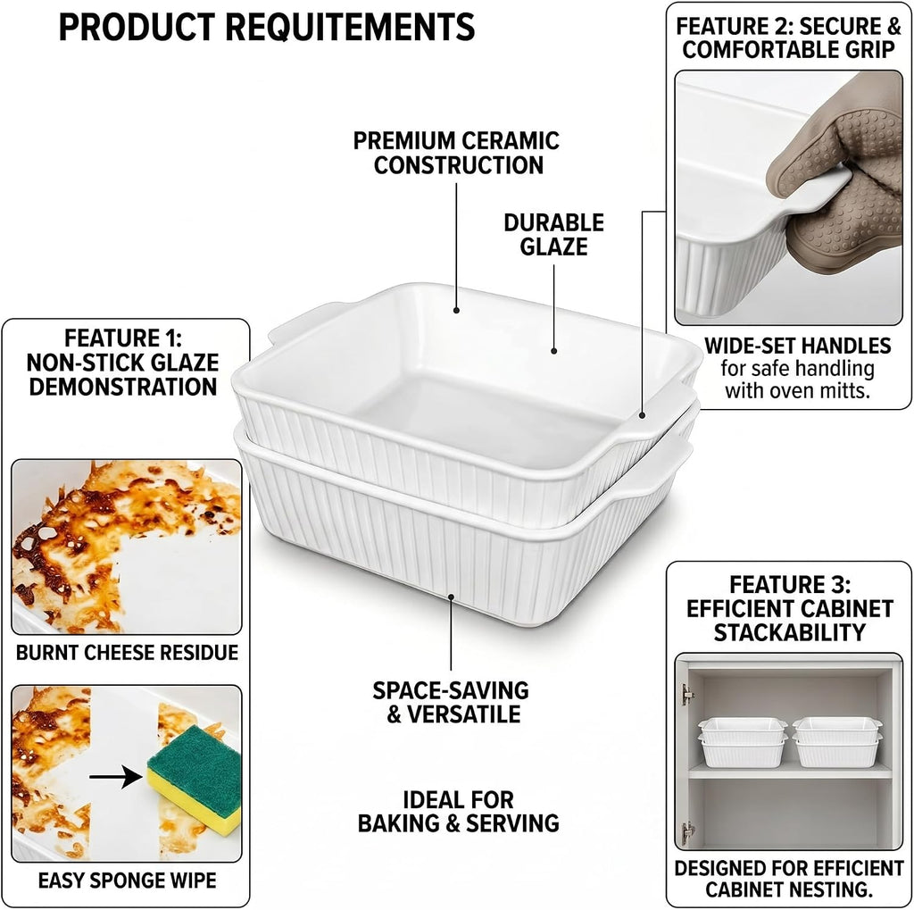 10" Square Ceramic Casserole Dish Set of 2-2.6 Qt Deep Dishes with Handles for Oven, Lasagna Pan for Casseroles Cake