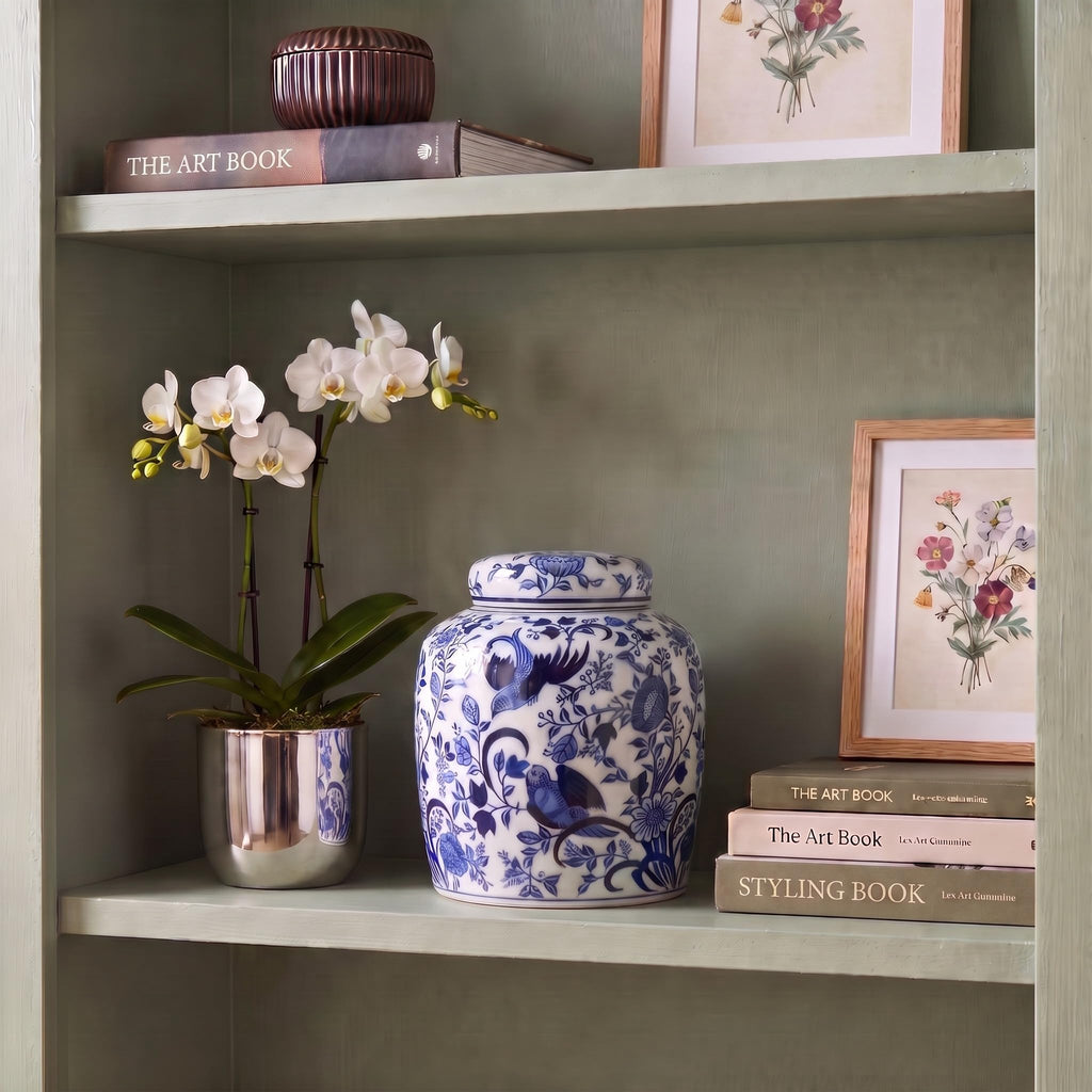 Decorative Bird Ceramic Ginger Jar with Lid, Blue and White