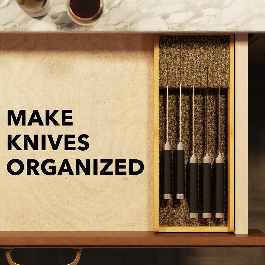 Knife Drawer Organizer Bamboo Insert Dock, Kitchen Steak Knives Holder Organizers Block for Drawer in Storage