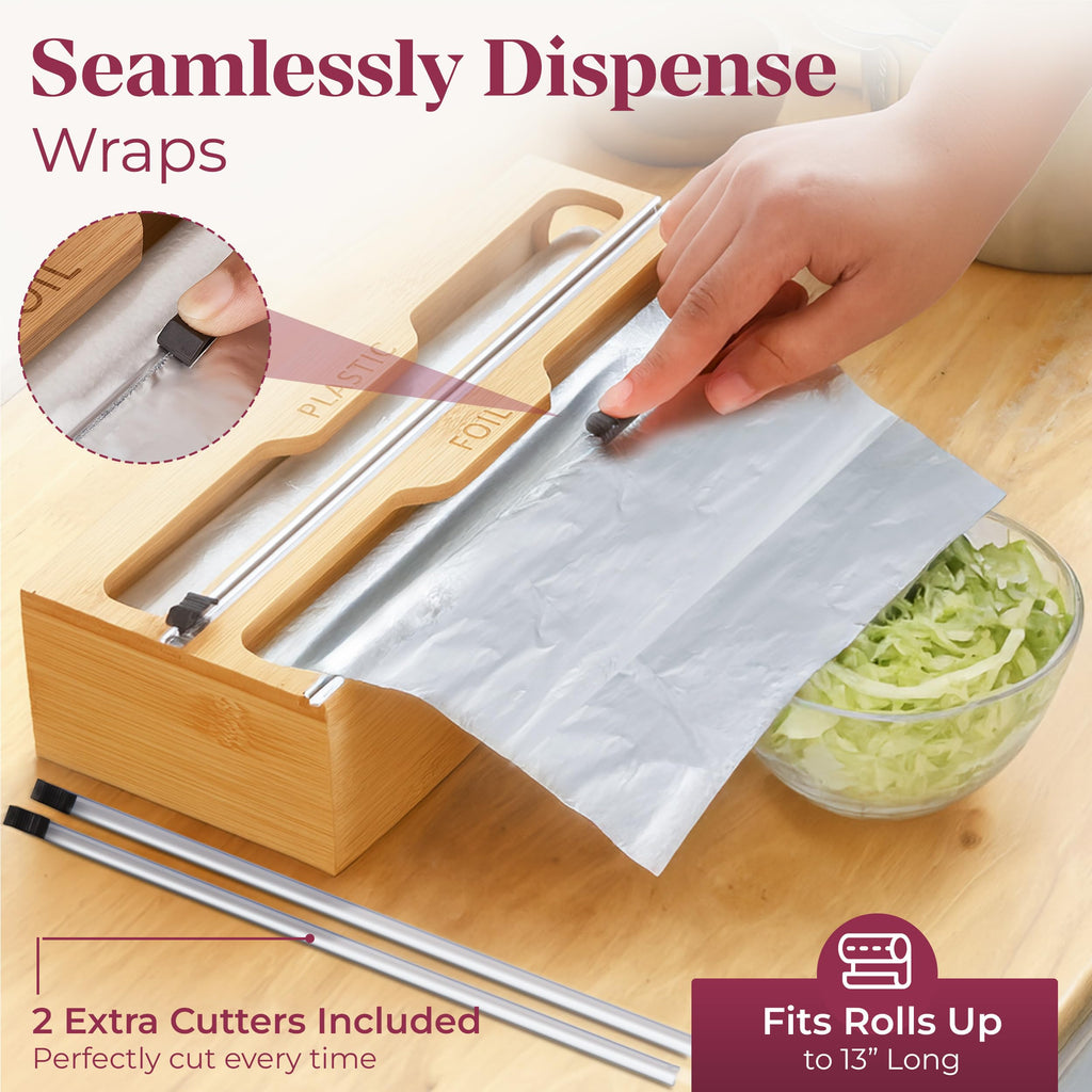 Bamboo Food Storage Bag Organizer for Drawer with Foil & Plastic Wrap Dispenser - Premium Detachable Kitchen