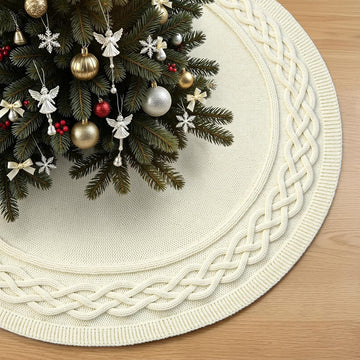 48 Inch Christmas Tree Skirt, Large Chunky Knitted Tree Skirt with Bow Tie Closure, Cream Vintage Tree Skirts for 7 &