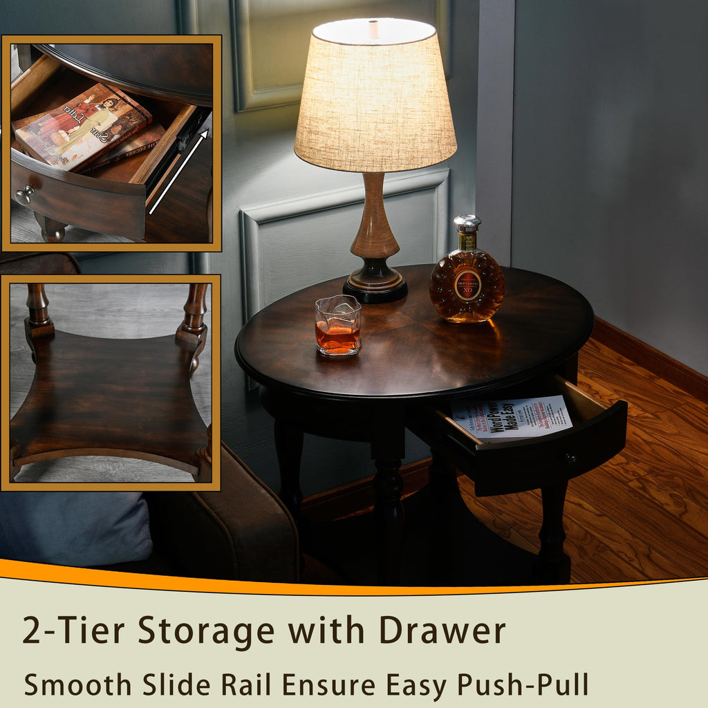 Oval Round End Table with Drawer, 2-Tier Solid Wood End Tables, Victorian Antique Nightstand Bedside Table Office
