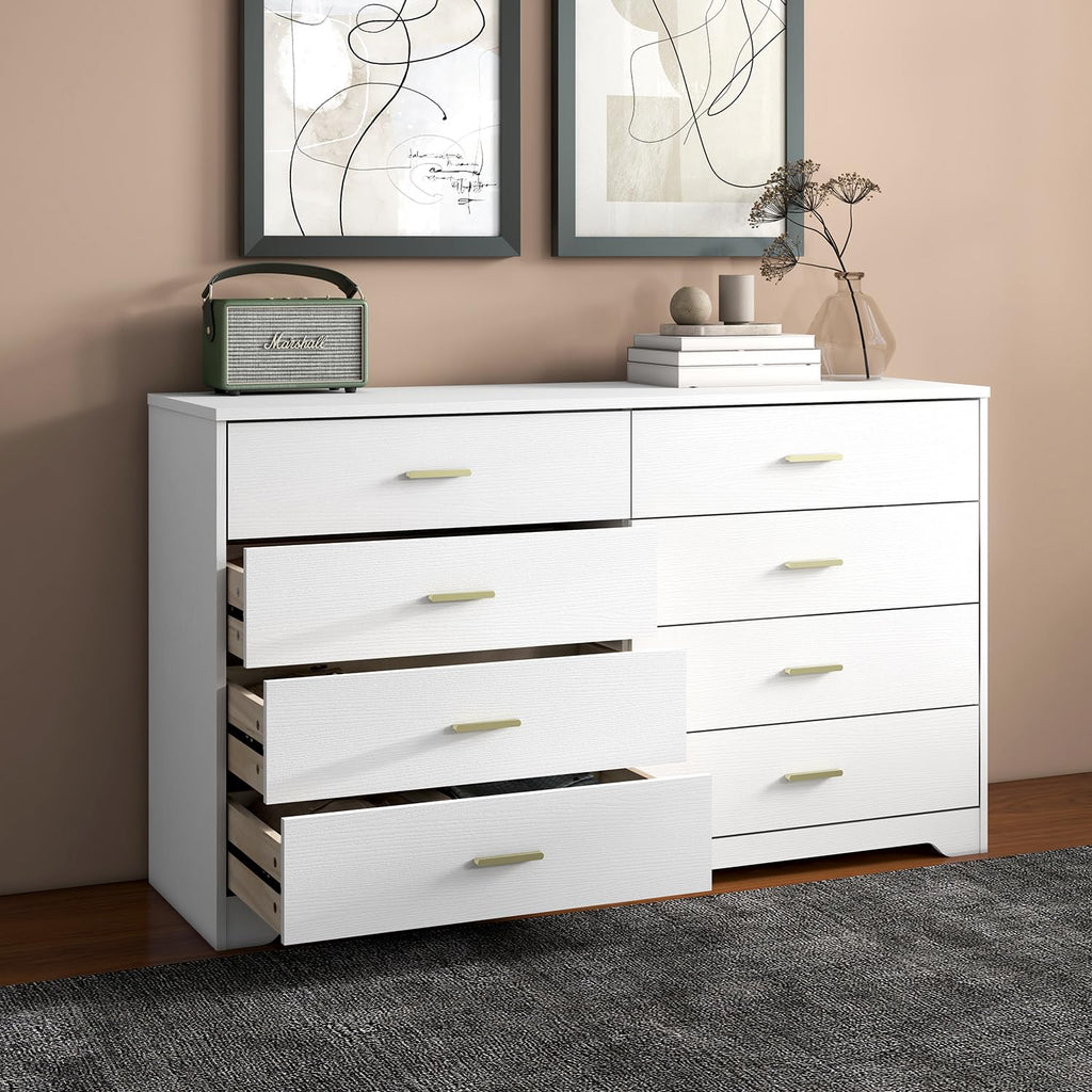 8 Drawer Wood Lateral Dresser, Big Wide Chest of Drawers Storage Organizer with Metal Gold Handles Home Bedroom