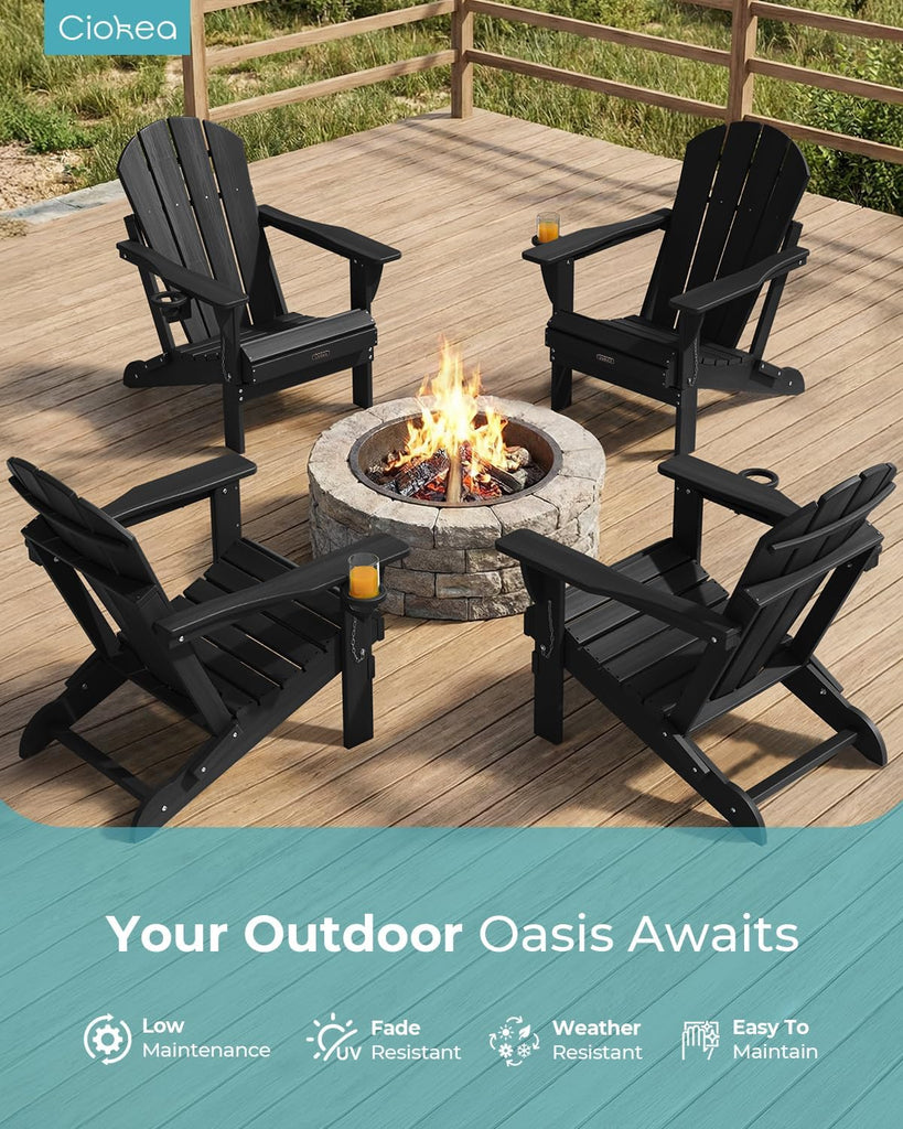 Folding Adirondack Chair 4 Pack, Patio Adirondack Chair Weather Resistant, Plastic Fire Pit Chair with Cup Holder