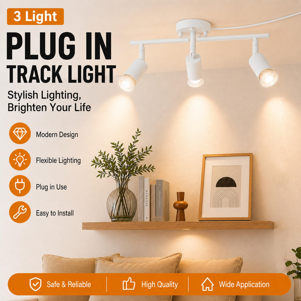 Dimmable Plug in Track Lighting,Plug in Ceiling Light Fixture,White 3 Light Track Light with 16.4' Long Cord,Dimming
