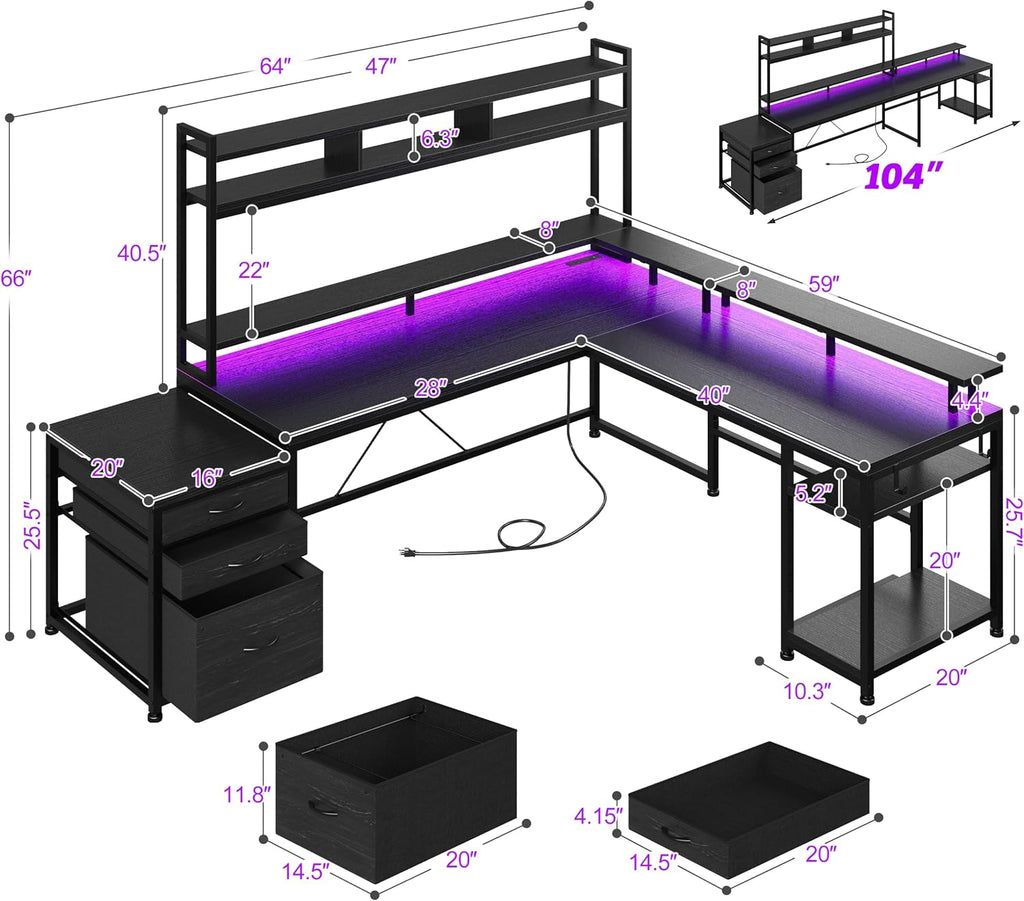 64x59 Inch Two Person L Shaped Gaming Desk with Shelf & LED Lights | 4-Layout with 4 AC+2 USB Charging Ports, Remote