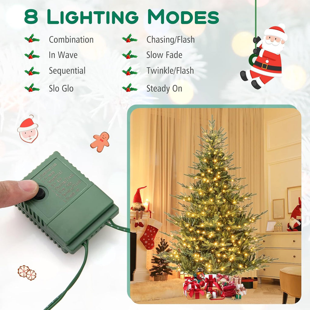 7 FT Pre-Lit Hinged Christmas Tree, Artificial Xmas Tree with 1102 Branch Tips, 350 Warm White LED Lights, 8 Lighting