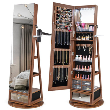 360° Swivel Jewelry Organizer, Lockable Jewelry Armoire (Walnut)