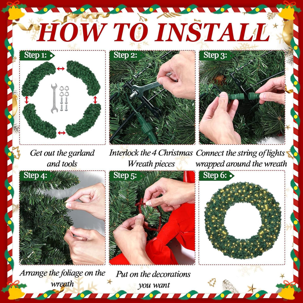 60 Inch Large Prelit Christmas Wreath with 300 Warm White String Lights 8 Lighting Modes Artificial Outdoor Indoor