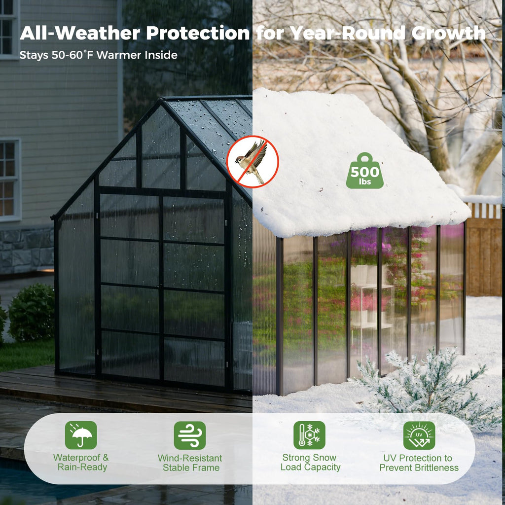 12x10x10 FT Polycarbonate Greenhouse with Aluminum Frame, Black