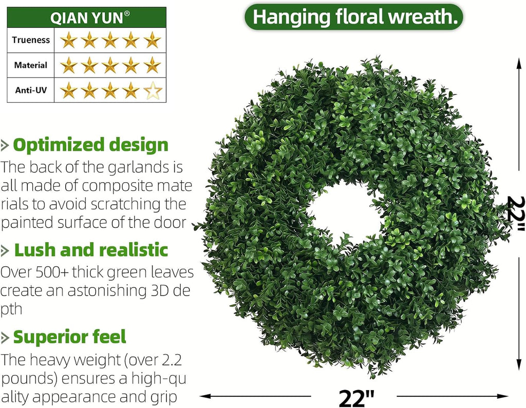 24 Inch Artificial Boxwood Wreath for Front Door - Lush Green Leaf Wreath for All Seasons, Faux Boxwood Door Decor