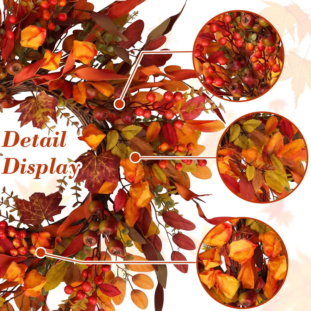 24 inch Berry Branches Fall Wreath for Front Door with Colorful Leaves