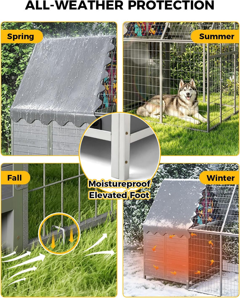 87" Heavy Duty Metal Dog Run Enclosure, with Waterproof Roof Wooden Dog House