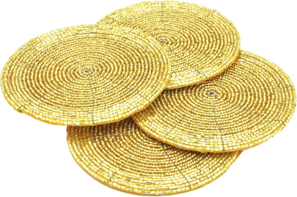 Indian Handmade Top Table Accessories Gold Shimmering 4" Round Beaded Coasters Suitable for Cold Drinks Mugs Cups - Set of 4