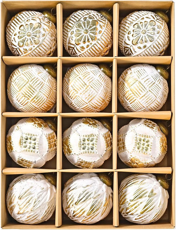 Christmas Ball Ornaments Set, 80mm Elegant White and Gold Assorted Xmas Tree Ball Ornaments, Shatterproof - Set of 12