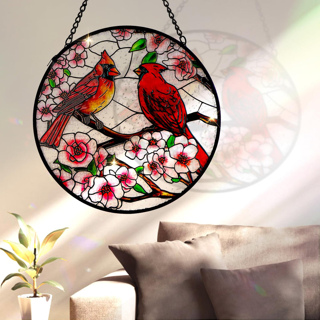 Cardinal Stained Glass Window Hanging, 12 Inch Sun Catcher Glass Panel with Metal Chain and Hooks Suncatcher Indoor