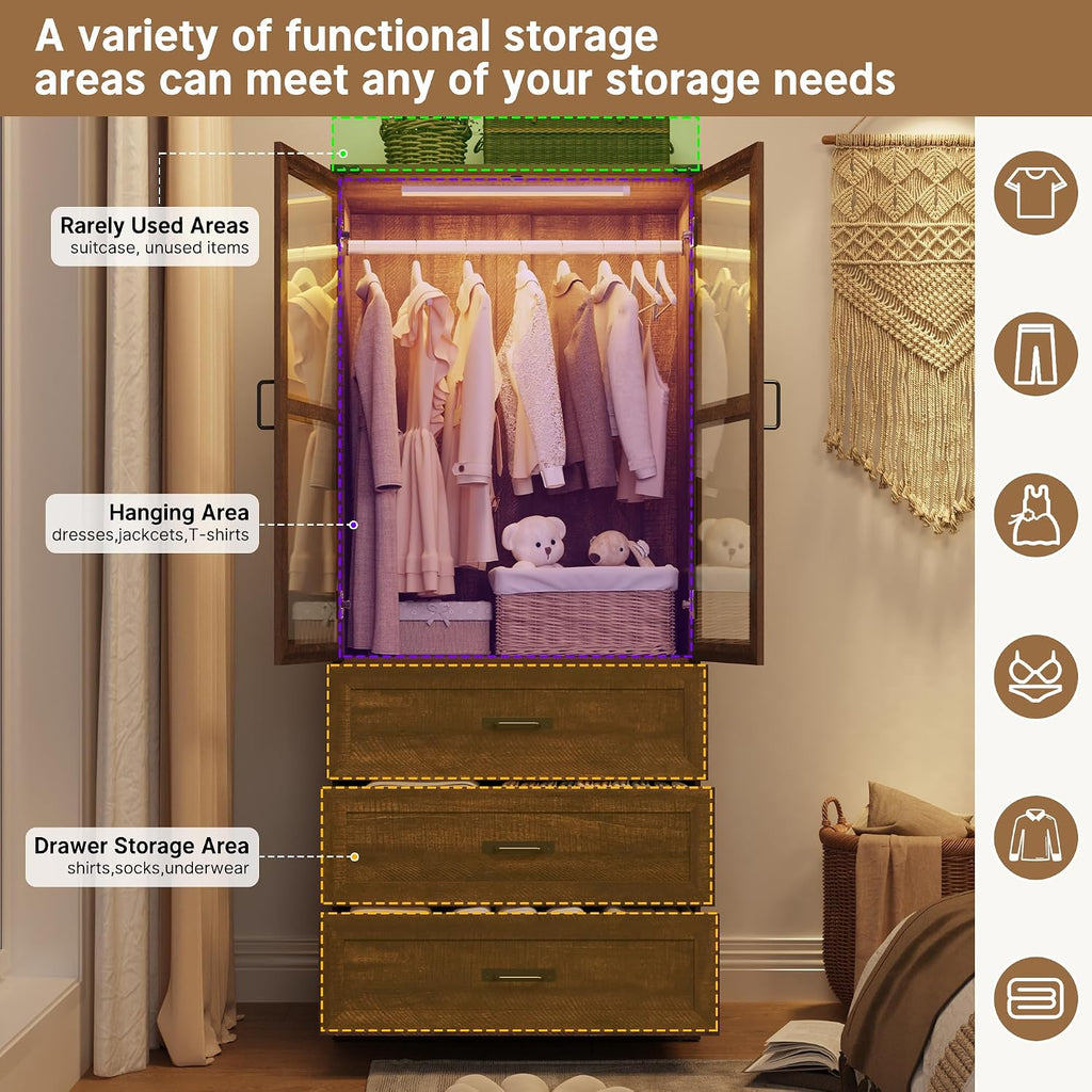75" Tall Farmhouse 2 Doors Armoire Wardrobe Closet with 3 Drawers and LED,Freestanding Closet Wardrobe Cabinet with