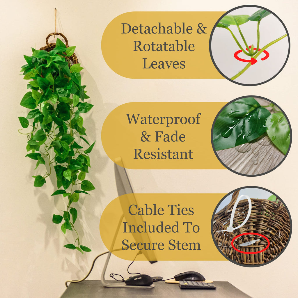 2-Pack Artificial Plants (with Baskets) - Ivy Vines Pothos - Outdoor & Indoor Decorations - Wall Faux Hanging Vine