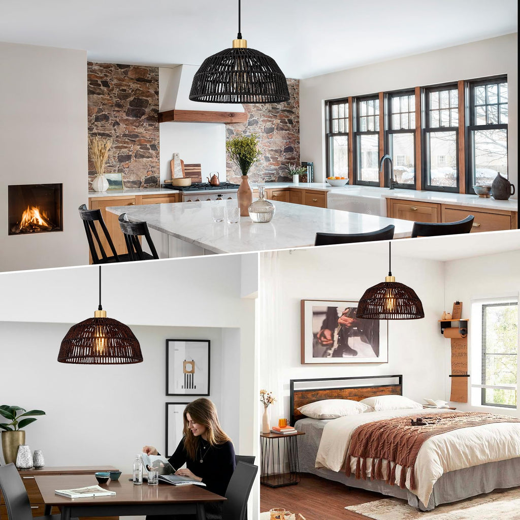 Plug in Pendant Light, Hanging Lights with 15ft Cotton Cord & Stepless Dimming Switch, Handwoven Hemp Rope Lampshade