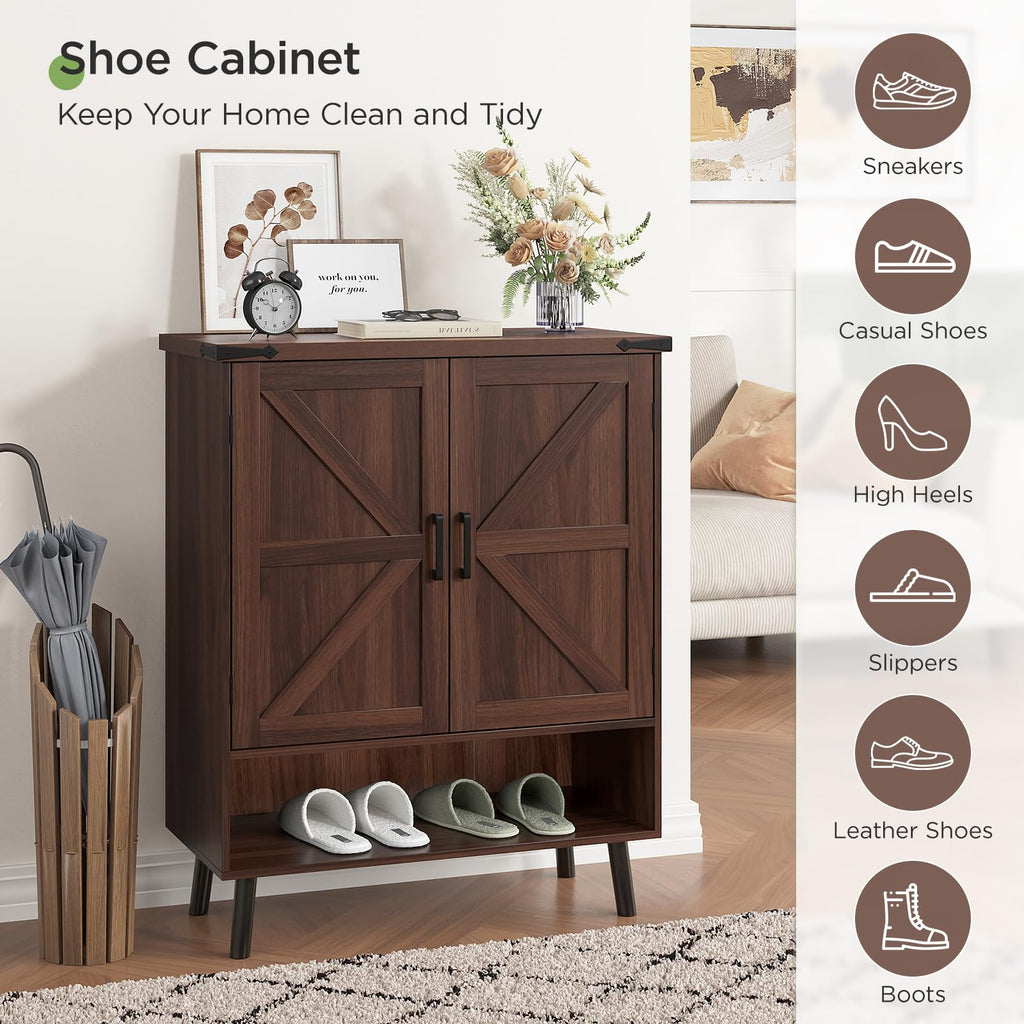 34" Tall Farmhouse Shoe Storage Cabinet with Barn Doors, Walnut