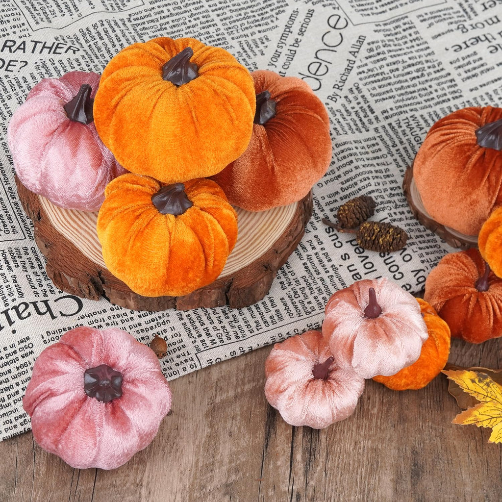 12Pcs Fall Artificial Velvet Pumpkins Assorted Sizes Orange Brown Pink Fake Farmhouse Harvest Pumpkins for Fall