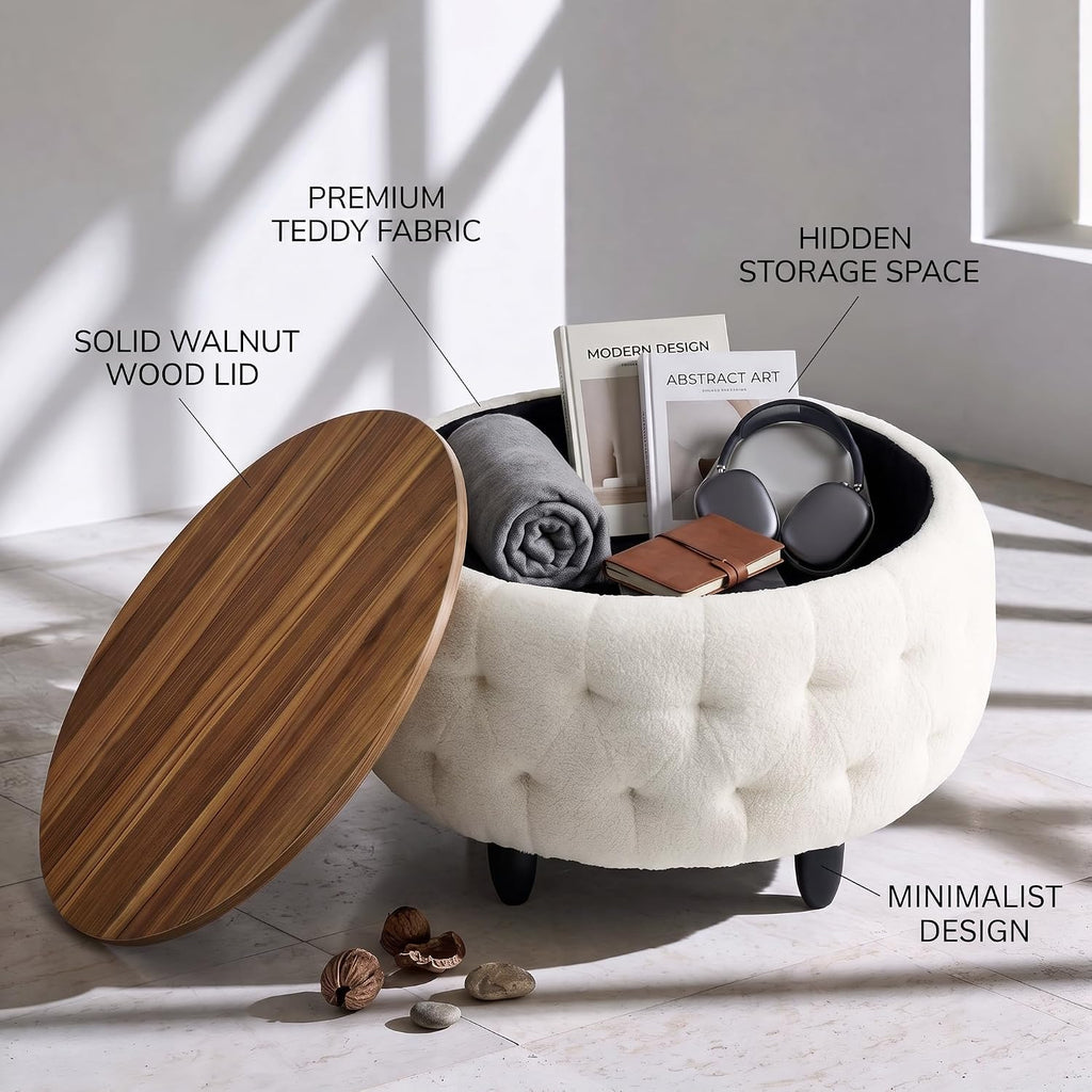 Large Round Storage Ottoman Coffee Table with Wooden Tabletop, 32 Inches Teddy Fleece Tufted Ottoman s (White)