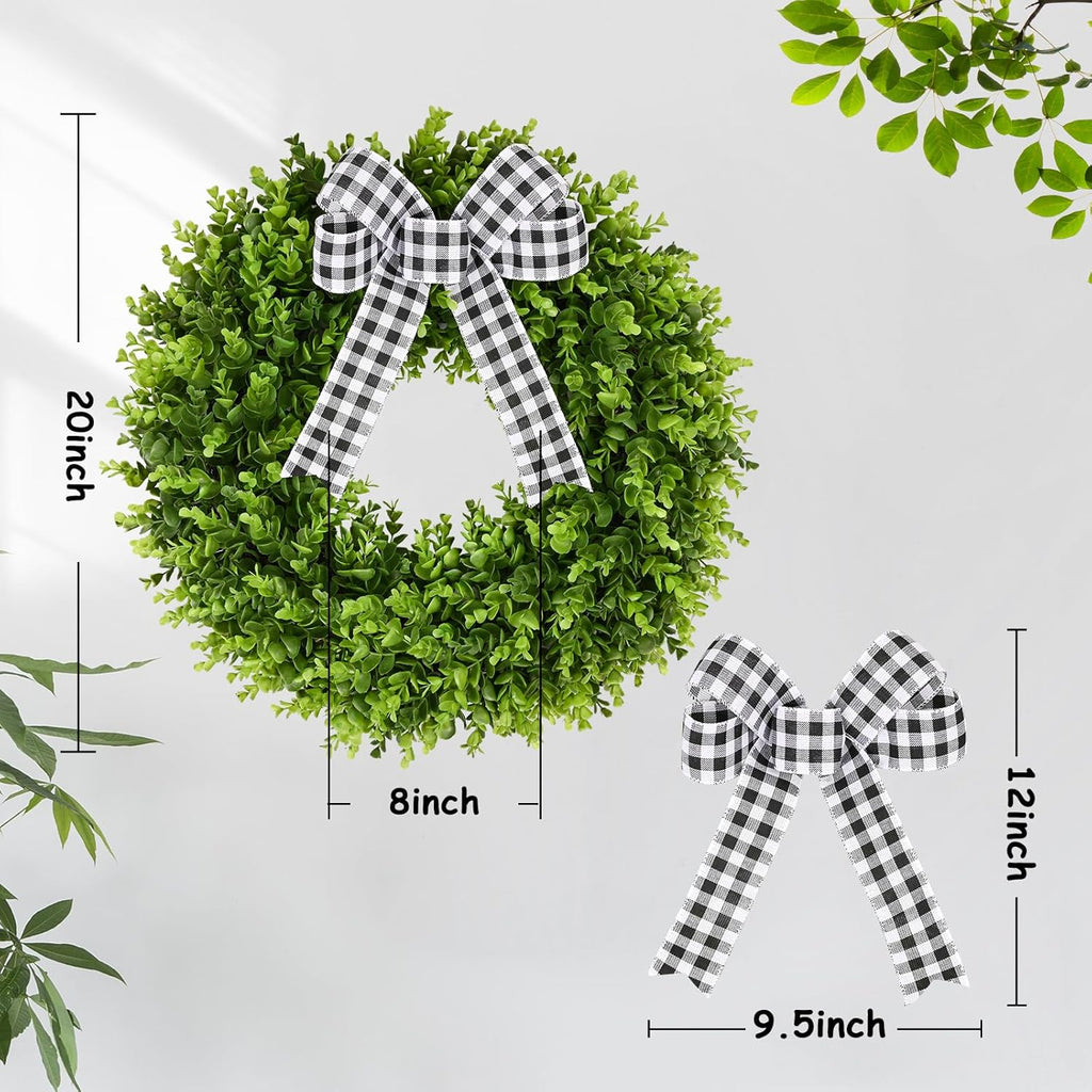 20" Boxwood Wreath for Front Door with Sash & Plaid Bow, Full Lush Artificial Greenery Wreath for Spring Summer