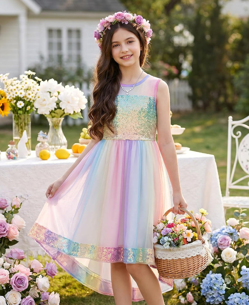 Girls Sequin Party Formal Dress Wedding Guest Sparkle Fancy Birthday Tulle High Low Prom Dresses