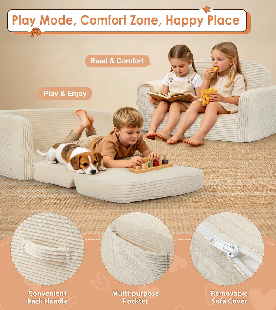 Extra Wide in-1 Convertible Kids Couch | Large Corduroy Toddler Sofa Chair with Storage Pocket & Blanket | Foldable