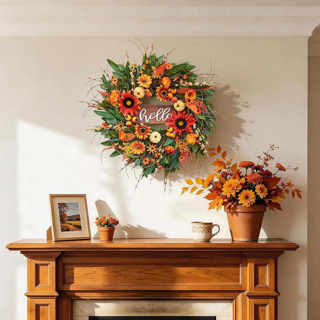 24 Inch Artificial Fall Wreaths for Front Door Outside with Hello Sign''