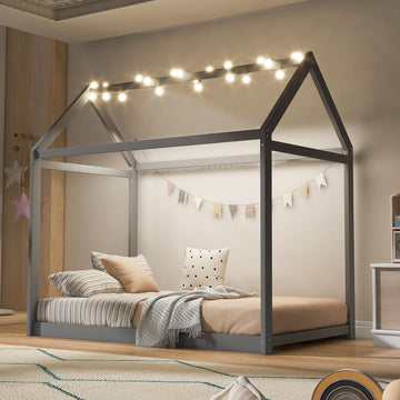 House Bed Frame with LED Light, Solid Wood Montessori Floor Bed with Wood Slats, Low Platform Kids Play