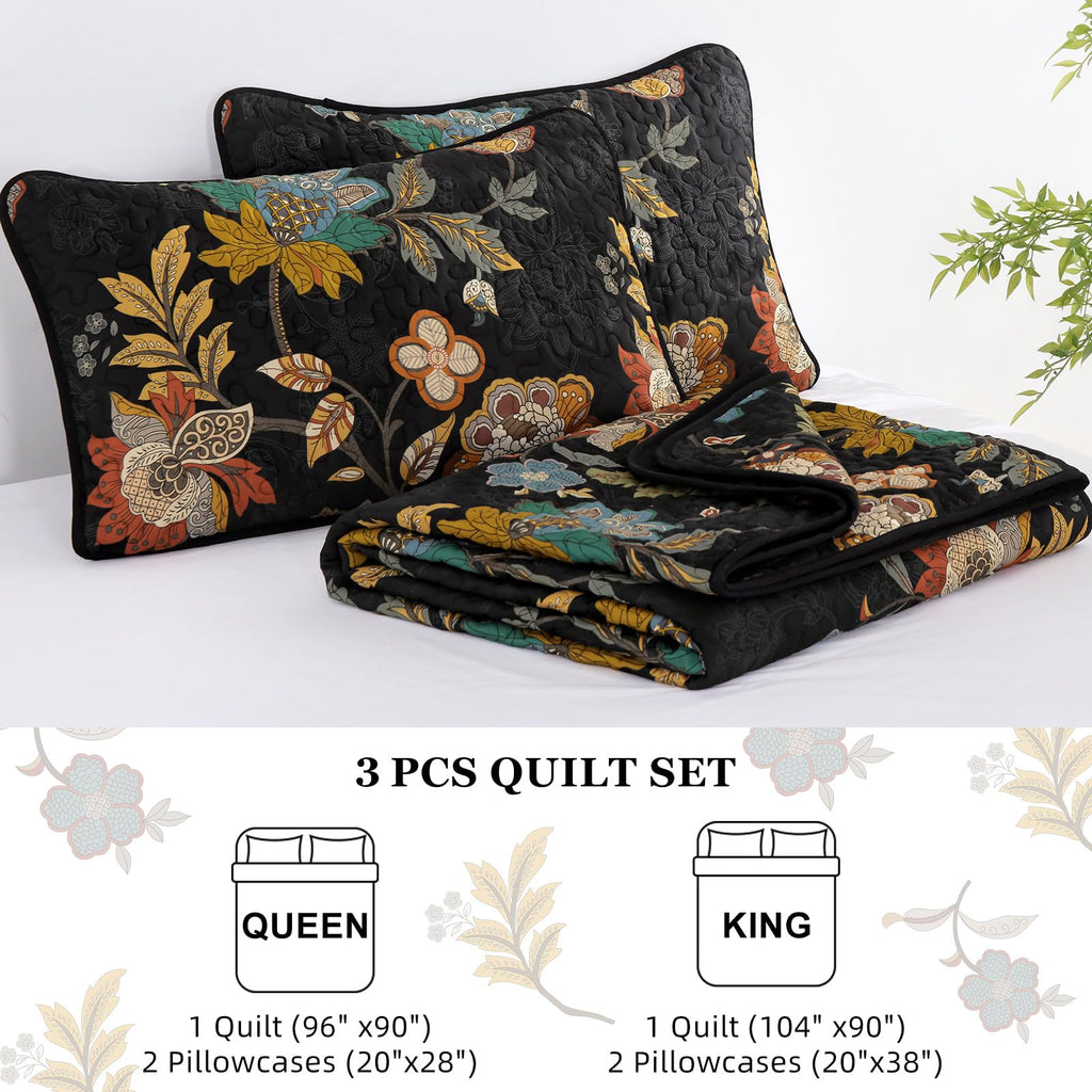 Floral Quilt, Black Vintage Botanical Bedspread
