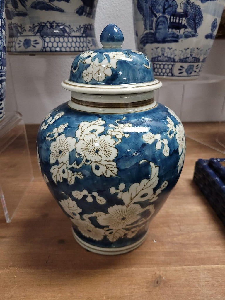 Blue and White Flower Chinoiserie Ginger Jar 12" w/Lid Ginger Jar, Tea Storage Decorative Home Decor Jar