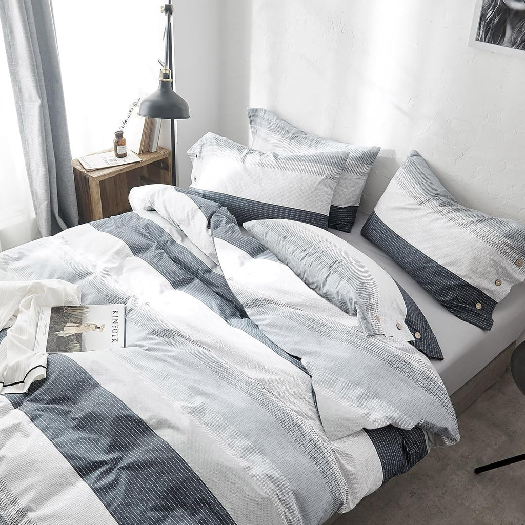 Striped Comforter Set, Modern Style Blue Grey Stripes Pattern Printed Bedding Set, Lightweight 3 Pieces