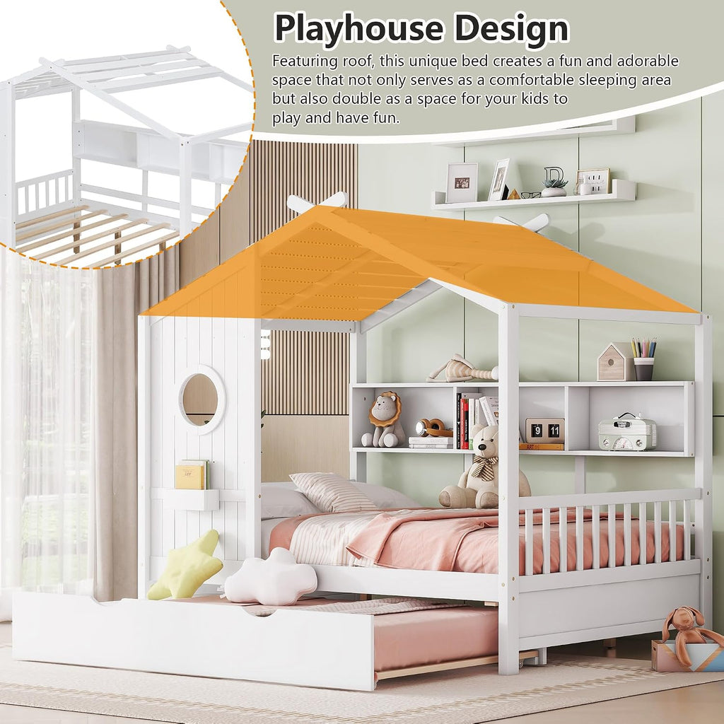Full Size Daybed with Trundle and Bookshelf, No Box Spring Needed, White | House Bed with Roof and Round Window for