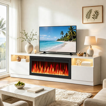 Fireplace TV Stand with 50'' Electric Fireplace Up to 100" TVs, LED Light Entertainment Center, Modern Wood Texture