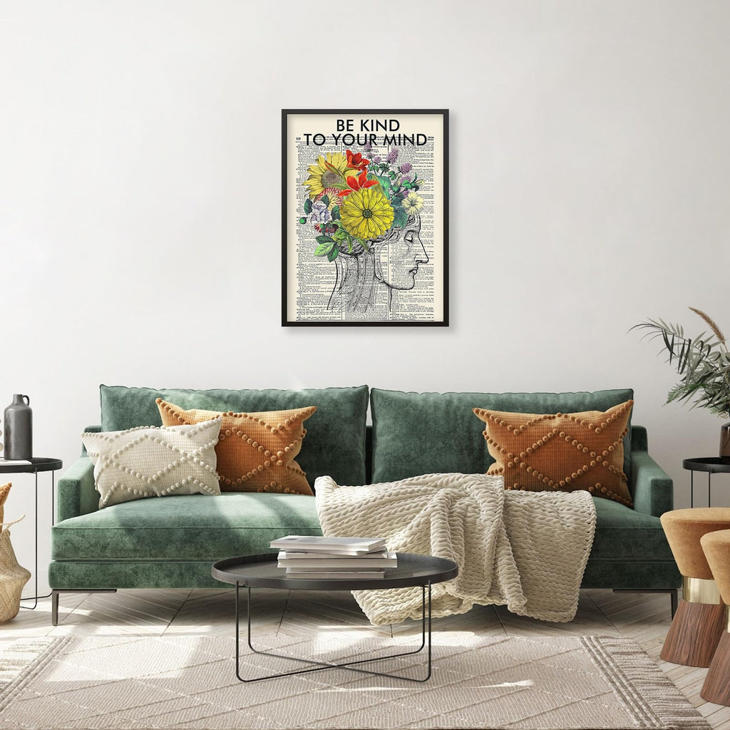 Be Kind To Your Mind Quote Poster Prints Mental Health Canvas Wall Art 24x36 inch Black Framed Vintage Newspaper