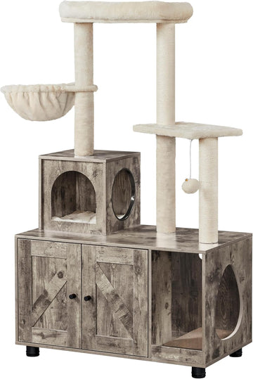 Litter Box Enclosure with Cat Tree, All-in-one Indoor Kitten House w/Scratching Posts, Wooden Cat Litter Box