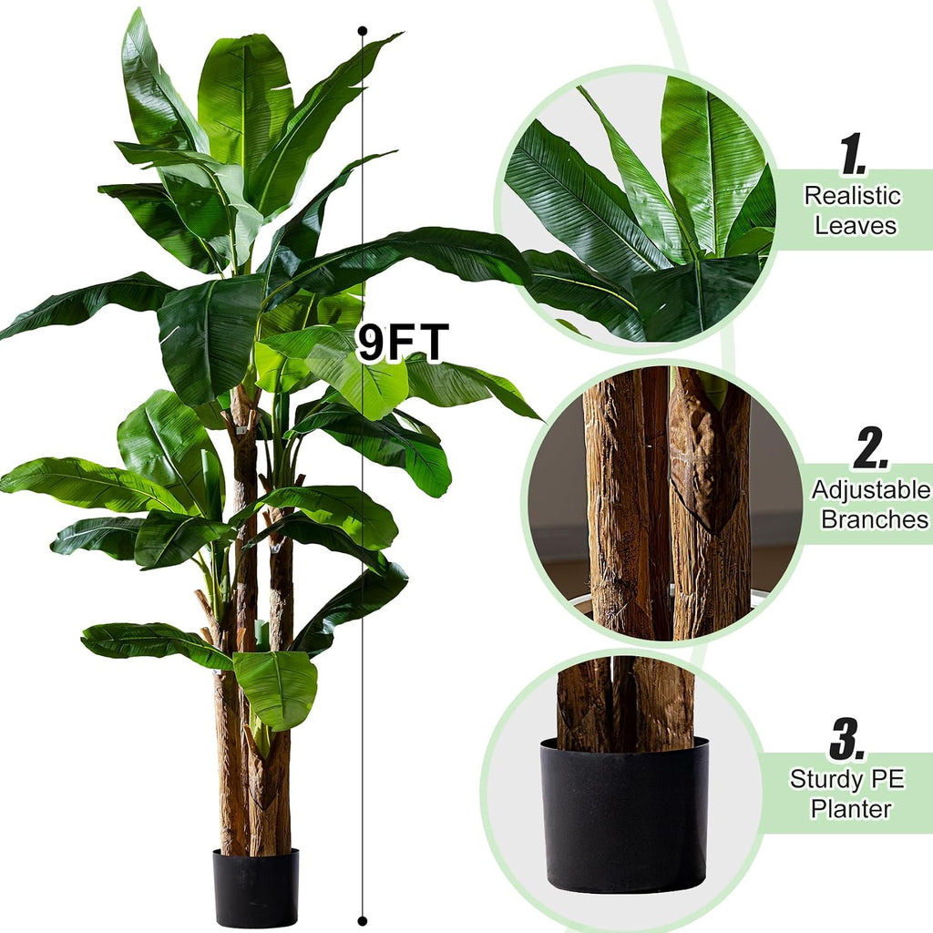 Banana Tree 9ft, Faux Tropical Palm Tree Plant with Realistic Leaves, Low Maintenance Indoor Outdoor Decor Porch, Pot