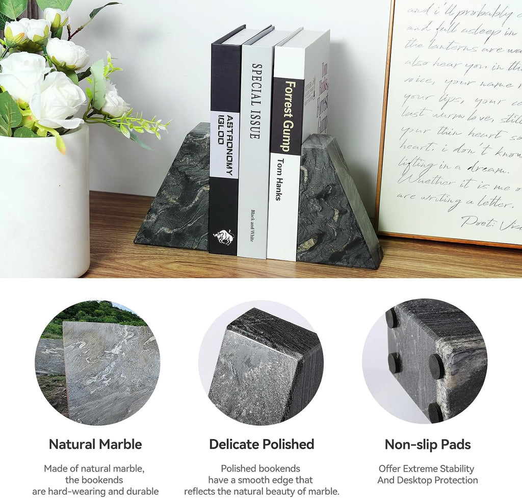 Marble Bookends for Heavy Books, Decorative Book Ends for Shelves, Titanium Black Stone Durable and Heavy-Duty Book
