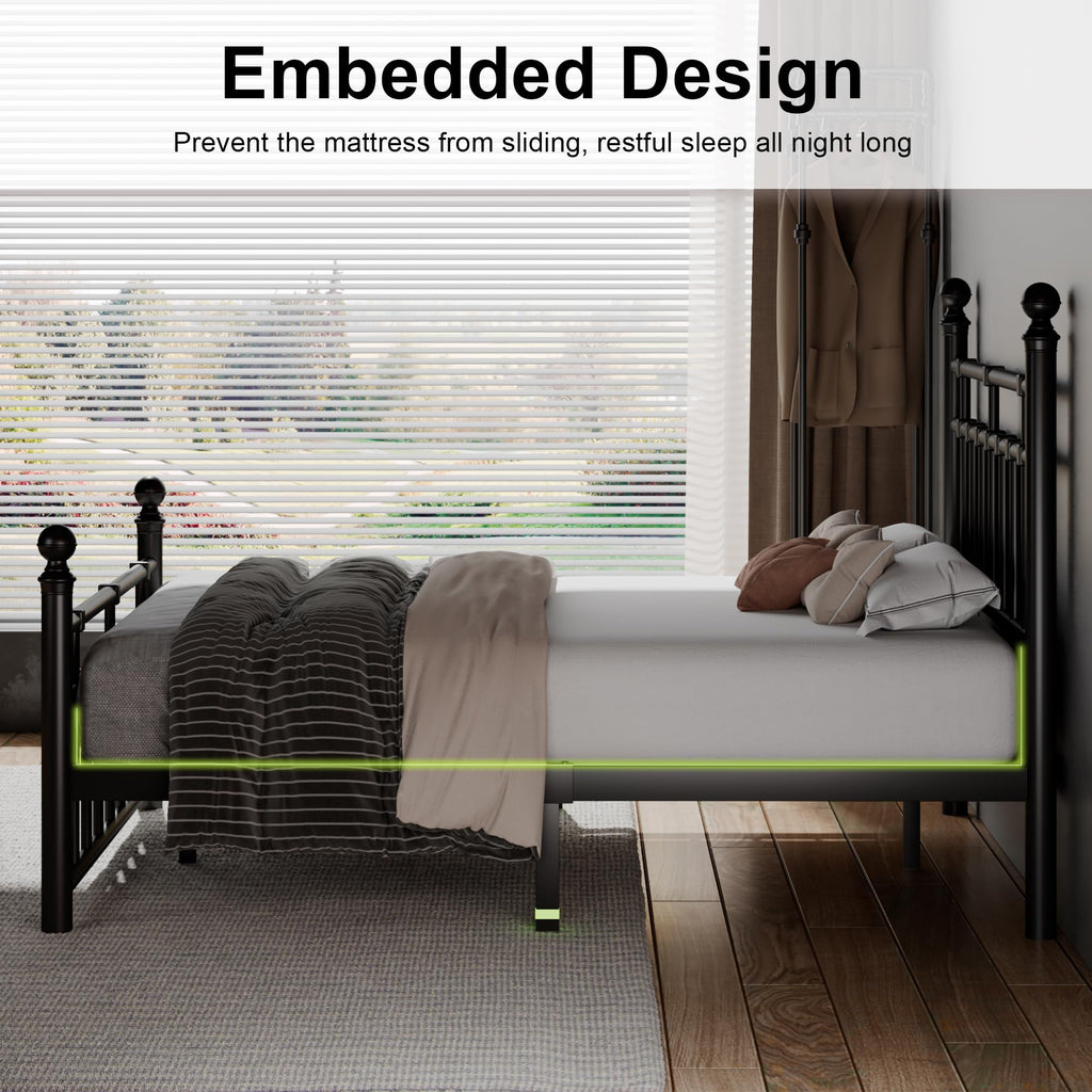 Metal Platform Bed Frame with Victorian Classic Iron-Art Headboard & Footboard, Steel Slats Support, 12" Under