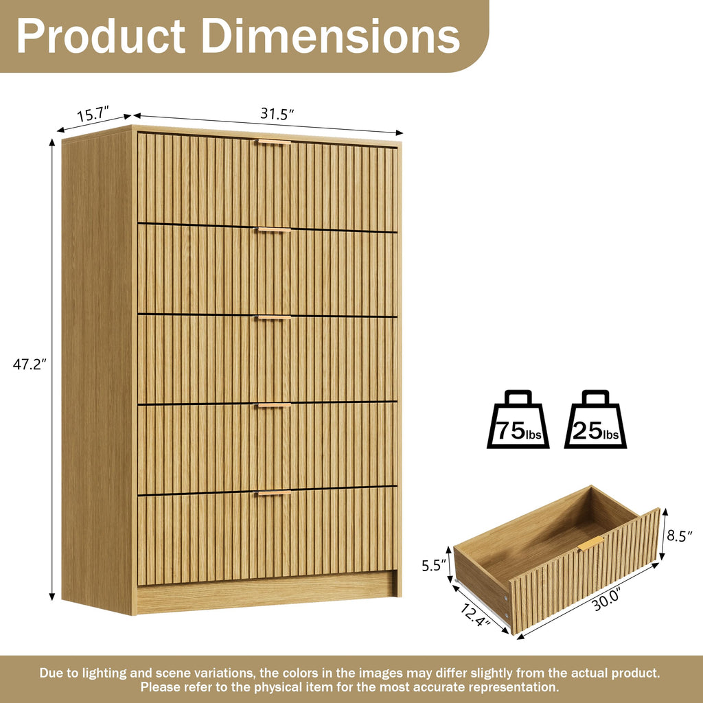 47.2" Tall Fluted Dresser with 5 Drawers, Natural Oak