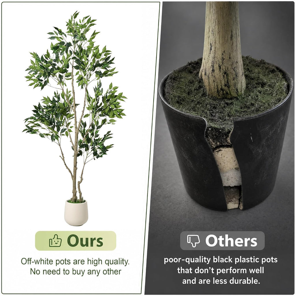 6FT Artificial Ficus Tree, Large Faux Fig Tree with Realistic Silk Leaves & Natural Wood Trunk, White Planter