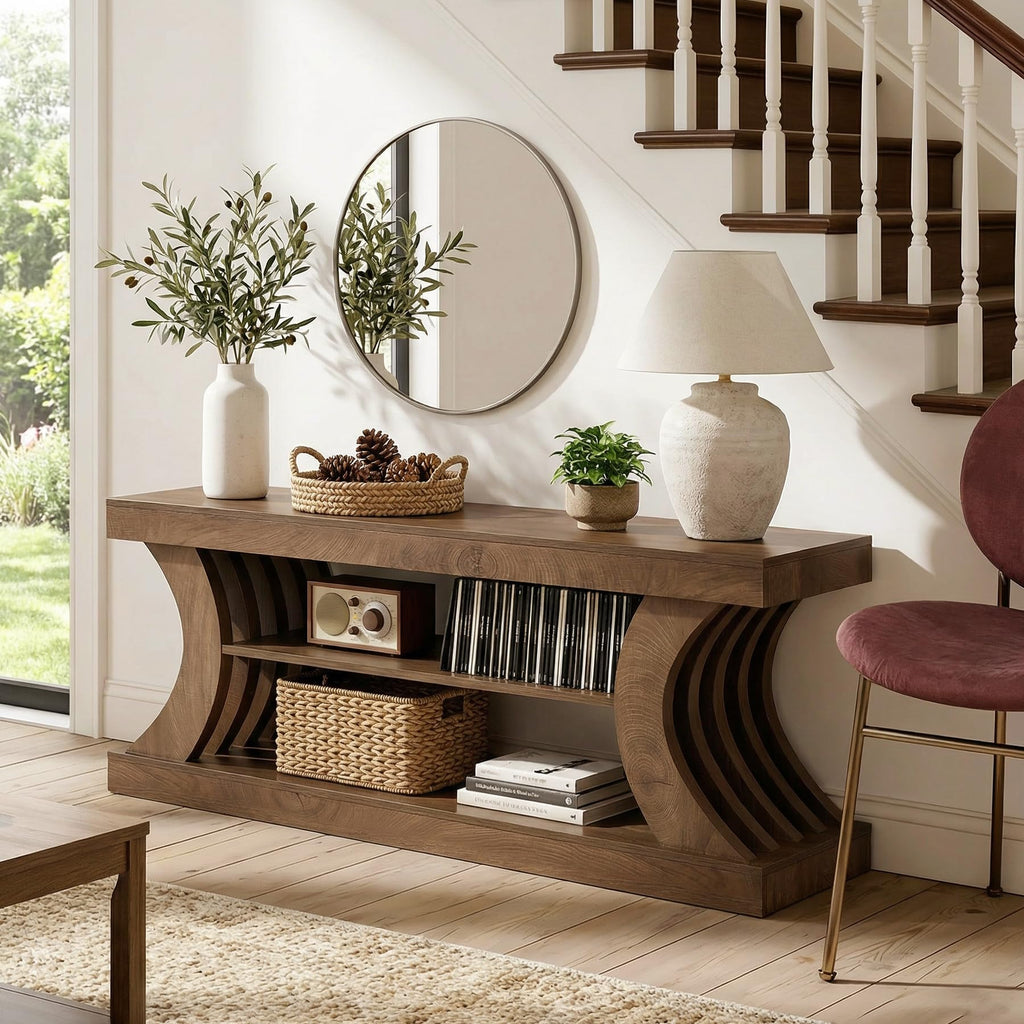 63-Inch Farmhouse Entryway Console Table with Storage, TV Console with Curved Design, Brown (Brown, 15.75" D x 63" W