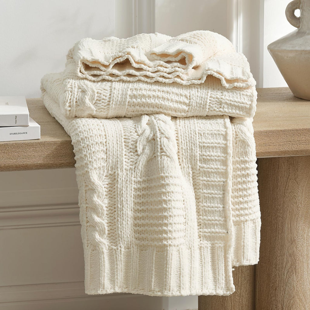 Chenille Knit Throw Blanket, Cream White 50"x60"