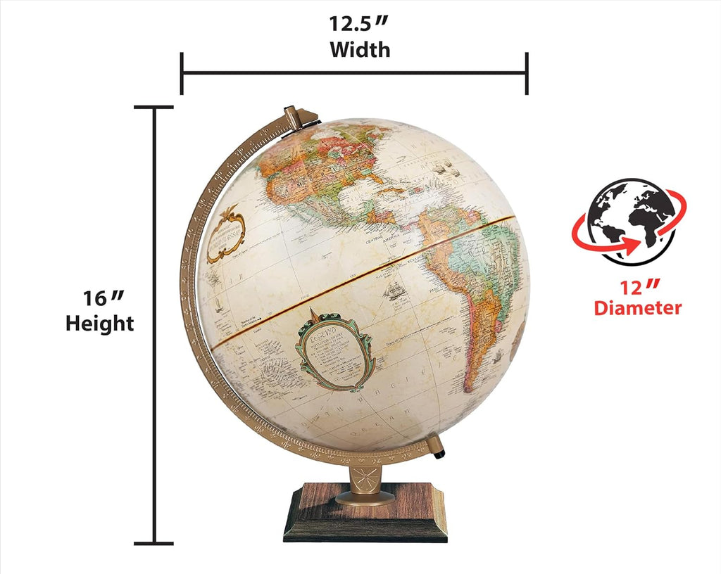 World Classic Globe, 12" Desktop World Globe or Office Desk Decor, Raised Relief, Up-to-date Cartography, Made in