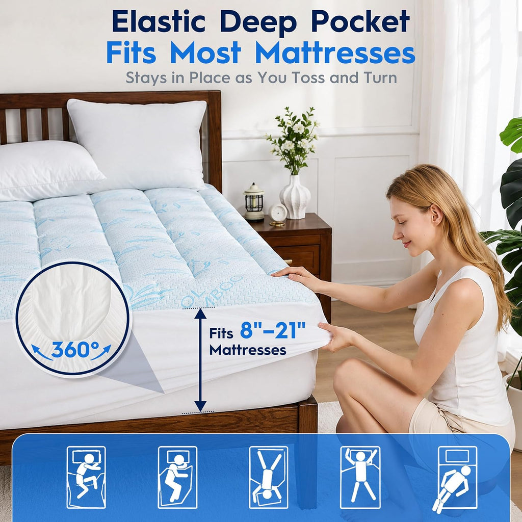 Waterproof Mattress Pad Queen Size, Cooling Mattress Protector for Hot Sleepers Made with Bamboo Viscose, Cloud-Soft