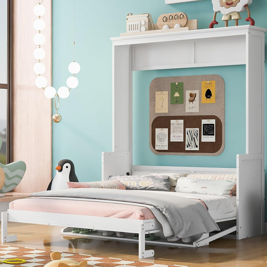 Queen Murphy Bed with Desk, Wood Hideaway Wall Bed Cabinet with Storage Shelves, Space-Saving Vertical Murphy Bed