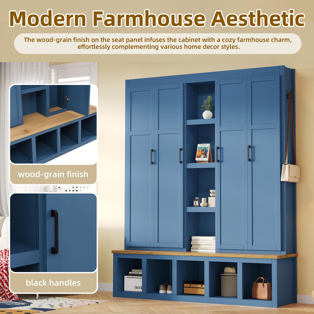 4-in-1 Hall Tree with Bench and Shoe Storage, Multi-Functional Farmhouse Entryway Bench with Coat Rack, Open